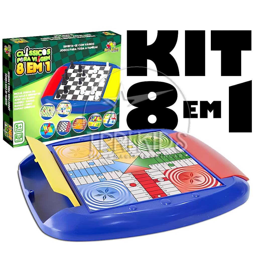 Kit 8 em 1 Jogos Clássicos Tabuleiro Mesa Infantil Ludo Dama Xadrez Gamão Ganso Escadas Família Top
