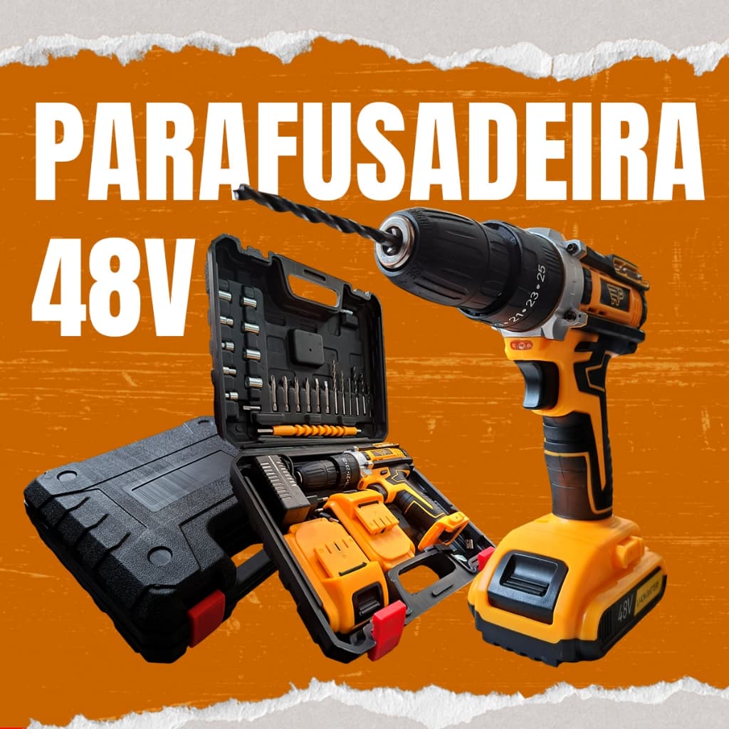 Furadeira Parafusadeira Elétrica 48V 2 Baterias Profissional Portátil S/ Fio Impacto