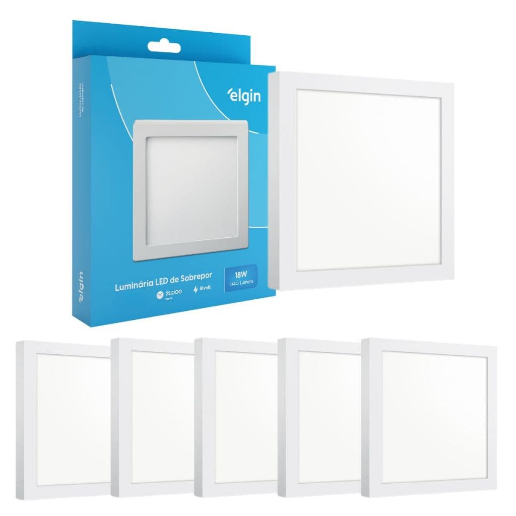 Kit 5 Luminária Painel Plafon Sobrepor Quadrado Led 18w Bivolt ELGIN