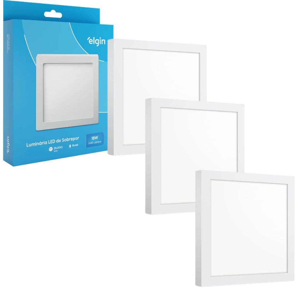 Kit 3 Luminária Painel Plafon Sobrepor Quadrado Led 18w Bivolt ELGIN