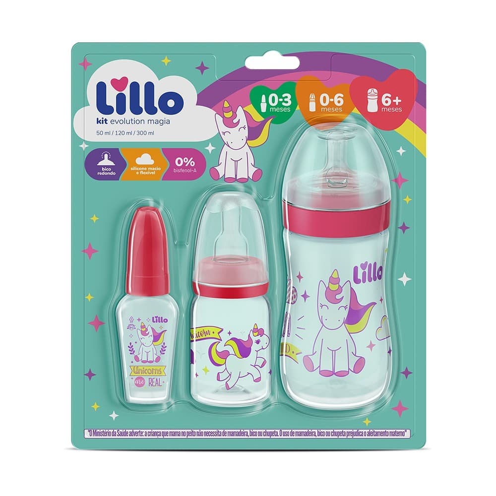 Kit Lillo Evolution Magia 3 Mamadeiras Para Bebê Chuquinha Evolução Cores Divertidas Mamadeira Infantil Lolly Tip Clean