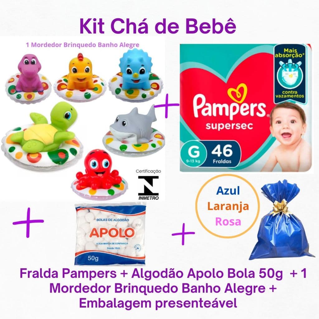 Kit Chá de Bebê Fralda Pampers+Algodão Bola50g Apolo+Mimo 1 Mordedor Banho com Boia Tartaruga Dinossauros Tubarão Polvo