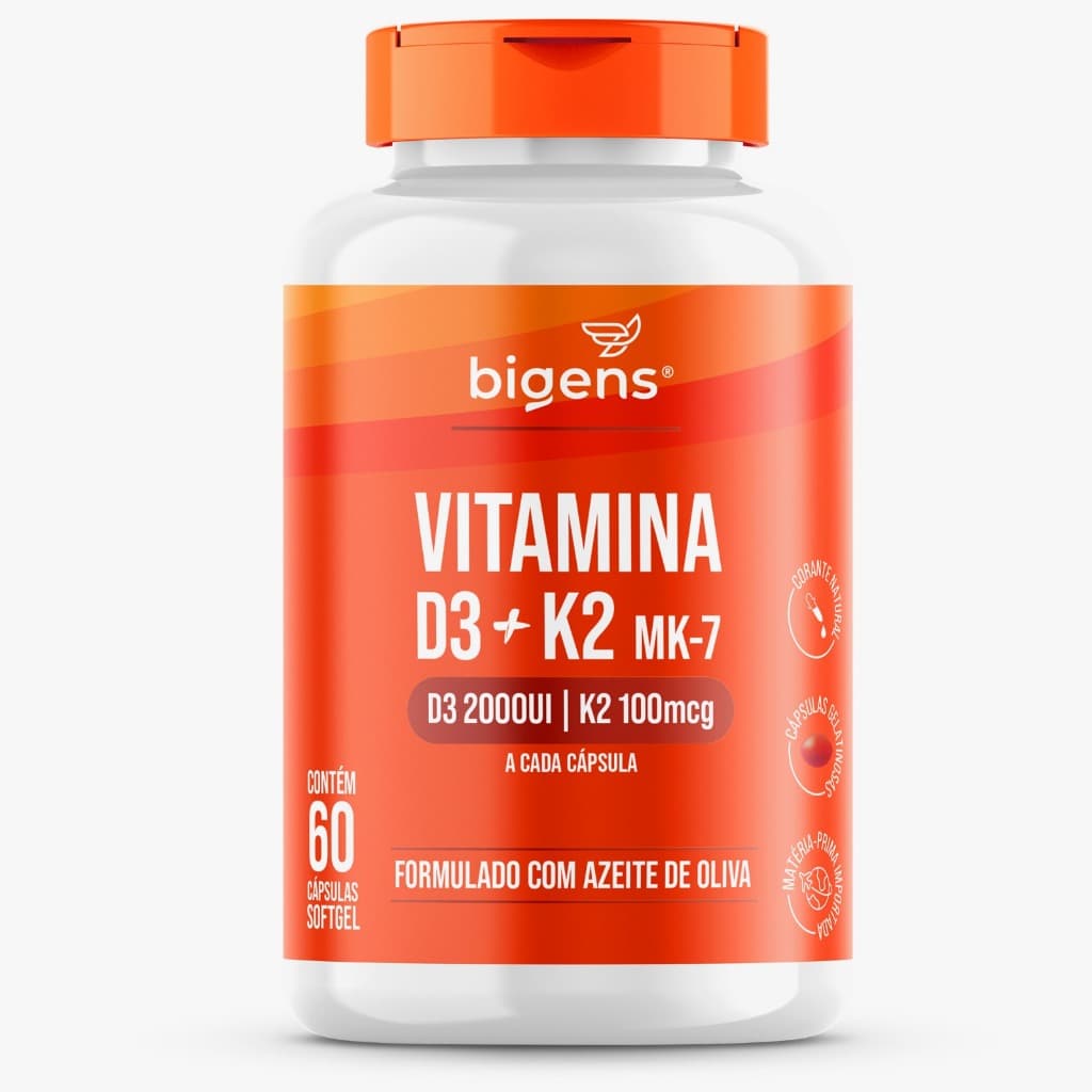 Vitamina D3 2000UI + K2 MK-7 100mcg, Formulado com azeite de oliva, Bigens (60 cápsulas)