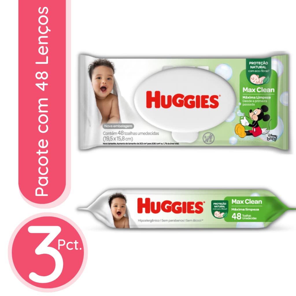 Lenço Umedecido Huggies Max Clean - 3 Pacotes / 144 lenços