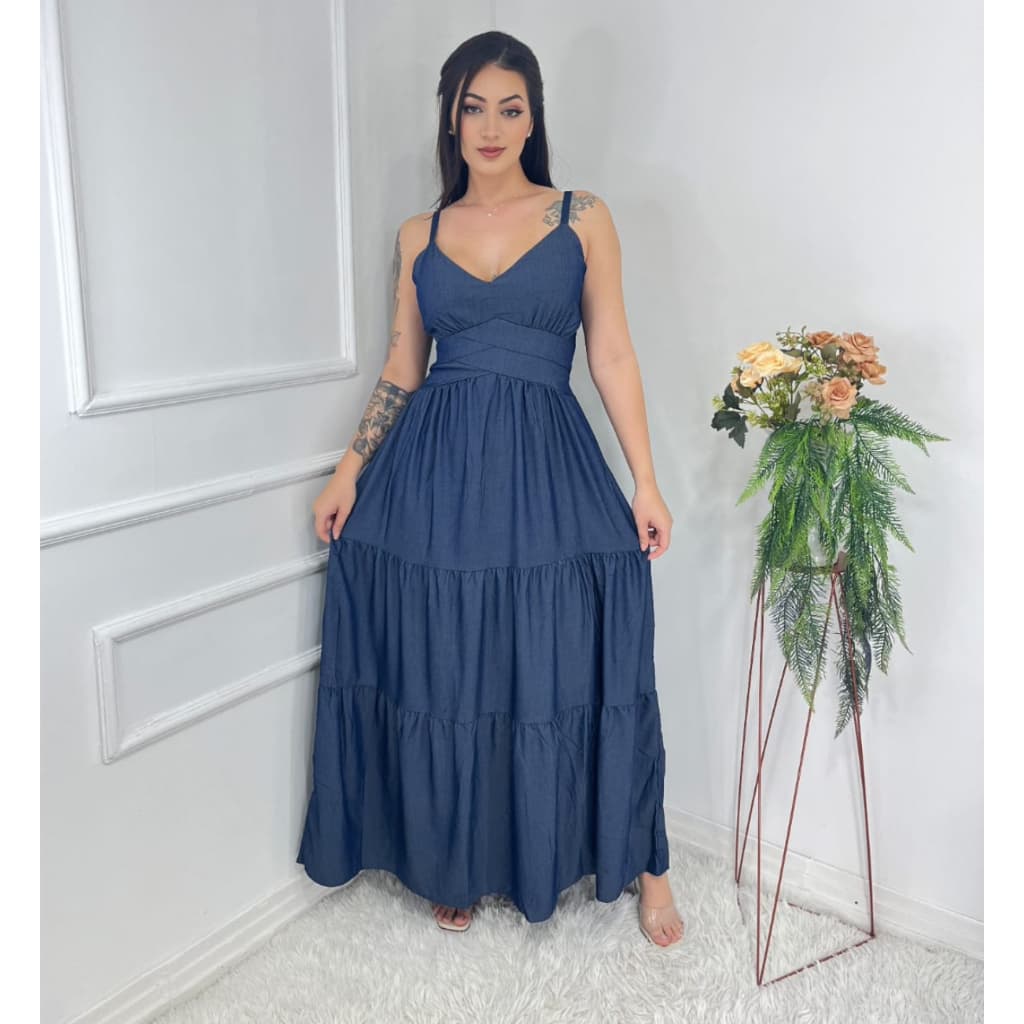 Vestido longo luxo chambray imitação jeans de alça detalhes na cintura