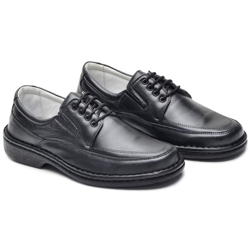 Sapato Social Preto Masculino Confortável em Couro Legítimo Anti-Stress Confortável com Cadarço e Palmilha GEL Anatômica