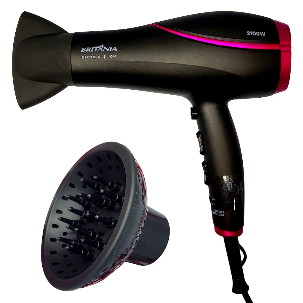 Secador De Cabelo Britania 2100w Profissional Ar Quente Frio Bs22 Bivolt Com Difusor Cachos