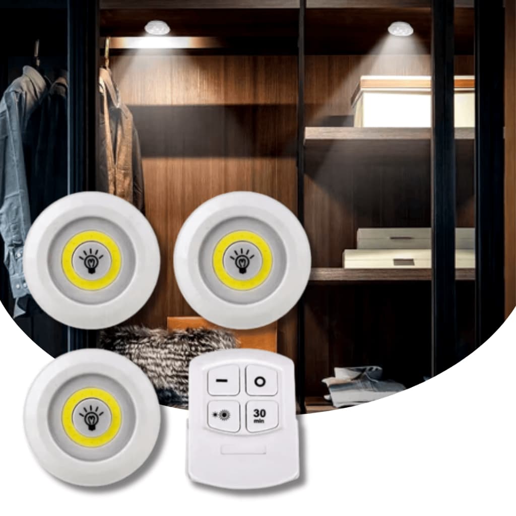 Kit Luminária 9 Lâmpada Led Sem Fio Armário Guarda-Roupa Ambiente Emergência c/Controle Branco Frio