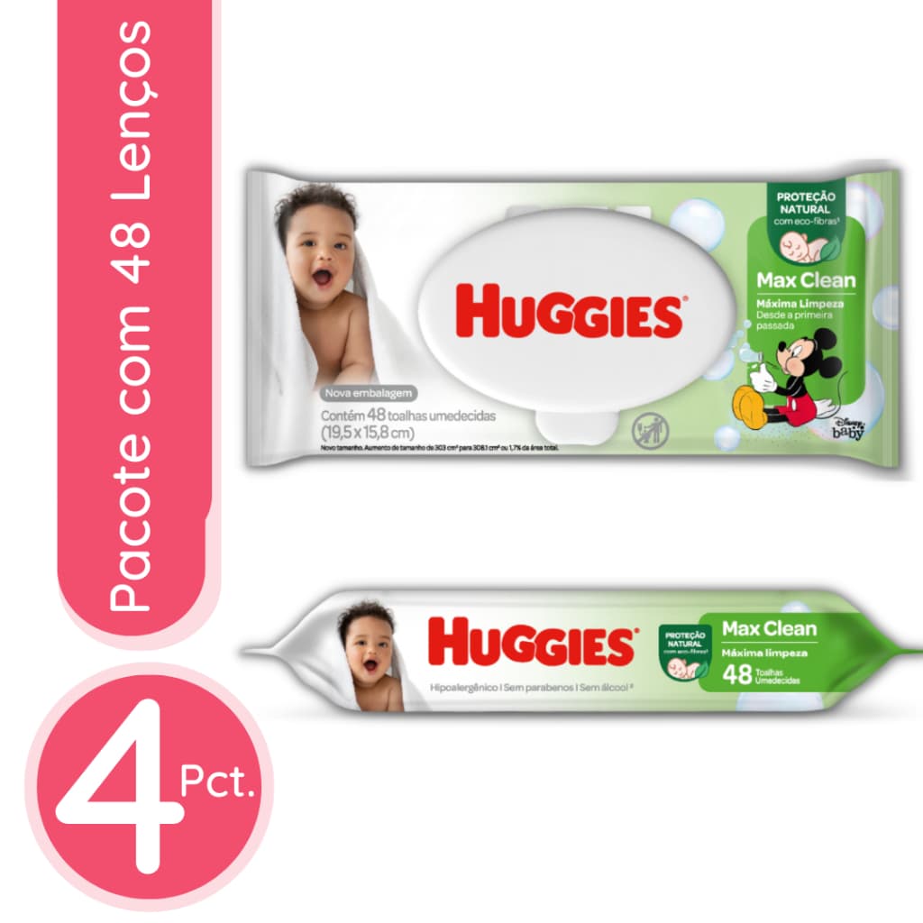 Lenço Umedecido Huggies Max Clean - 4 Pacotes / 192 lenços