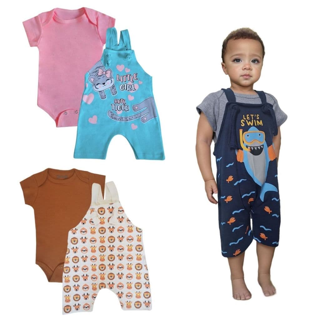 kit Roupa Bebê 2 peças Jardineira e Body Manga Curta Menino Menina Material Suedine 100% Algodão tamanhos P M G 1 2 3