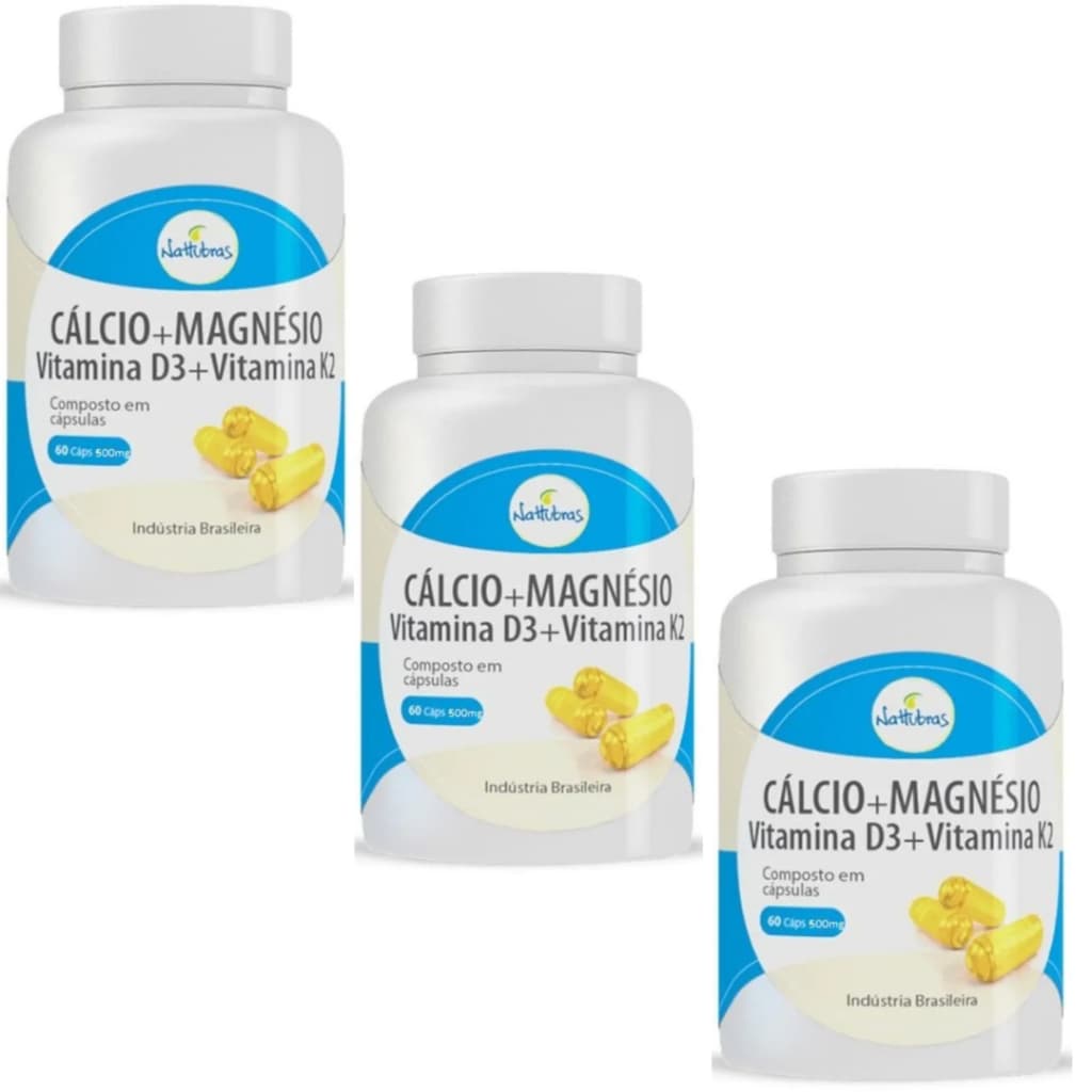 Combo com 3 Cálcio + Magnésio (Vitamina D + Vitamina K2) 500mg 60 Cápsulas Nattubras