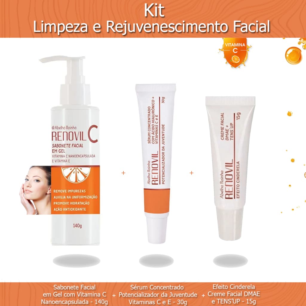 Kit Rejuvenescedor Abelha Rainha - Sabonete Facial em Gel Vitamina C + Sérum Concentrado + Creme Facial Efeito Cinderela