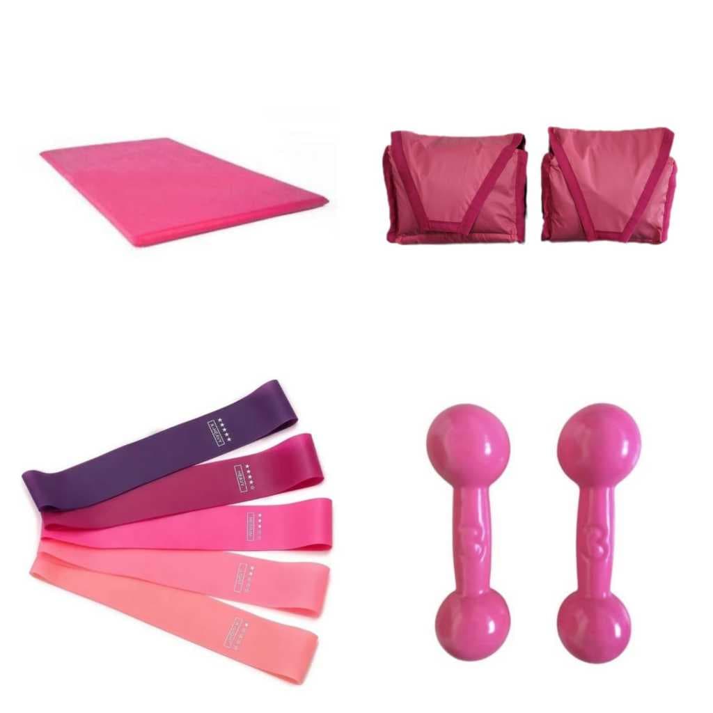 Treino Caseiro Completo: Colchonete Rosa 90x40 + Halter 2kg + Caneleira 2kg + Mini Band para Academia