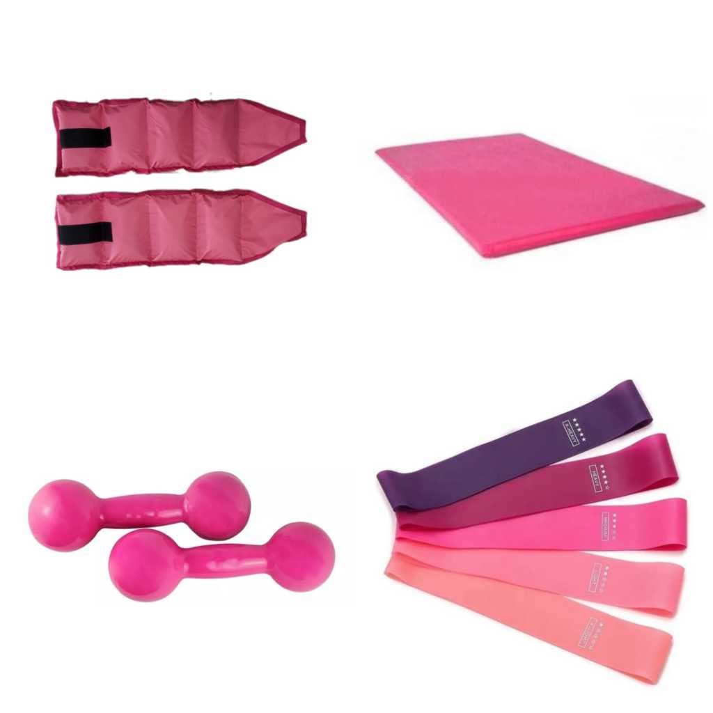Treino Completo Rosa: Colchonete + Halter 3kg + Caneleira 2kg + Mini Band – Ideal para Academia