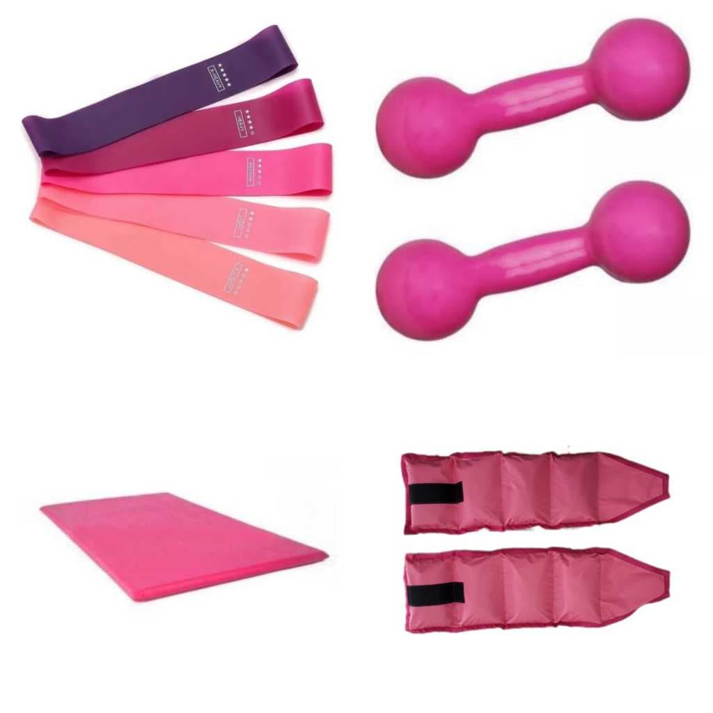 Kit Academia Rosa: Halter 3kg + Caneleira 3kg + Colchonete + Mini Band para Treino Completo Funciona