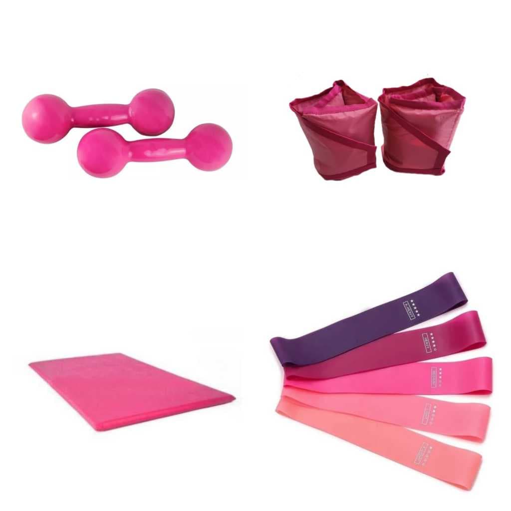 Caneleira Rosa 2kg + Halter 1kg + Colchonete + Mini Band - Kit Ideal para Treino Profissional Fitness em Casa