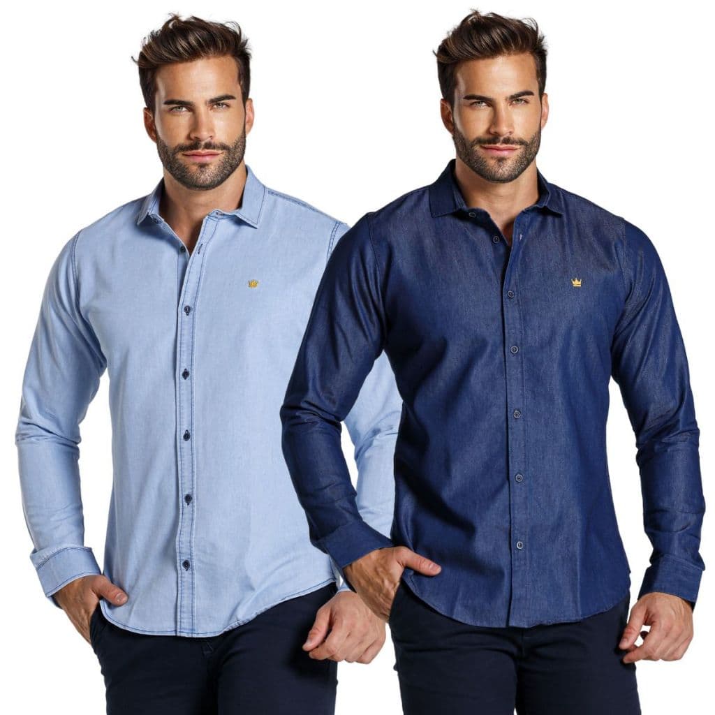 Kit 2 Camisa Social Manga Longa Jeans Masculina Casamento Festa Slim Moderna 100% Algodão