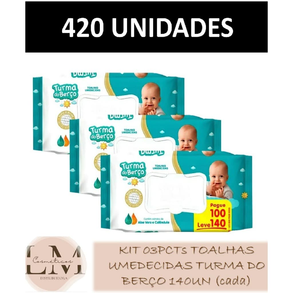 Kit com 03 pacotes Toalhas Umedecidas Turma do Berço 140un (cada) - 420un