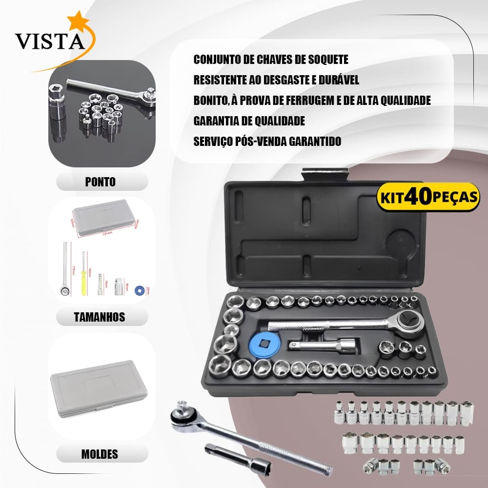 Kit Completo de Ferramentas com 40 Peças - Jogo de Soquetes, Chave Catraca Reversível e Maleta