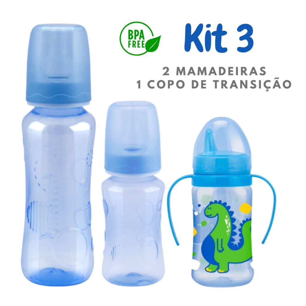 Kit 3 Peças 2 Mamadeiras 240ml+140ml+1 Copo De Transição Para Bebê