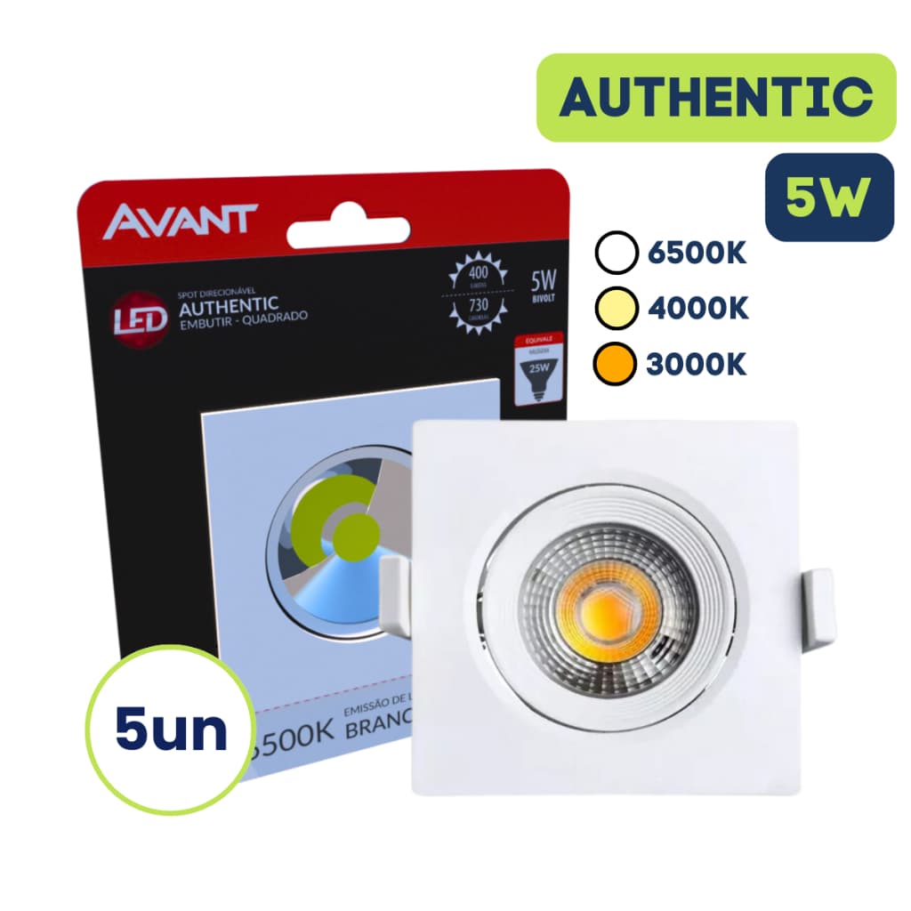 Kit 5 Luminária Led Spot Embutir 5w Quadrado Luz Branco-Frio 6500k Neutro 4000k Quente 3000k Avant