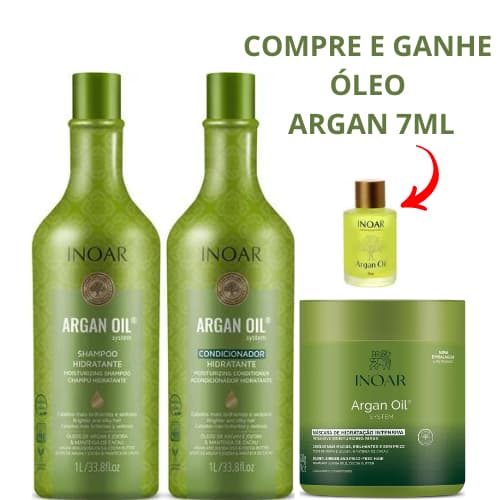 KIT INOAR ARGAN OIL= SHAMPOO HIDRATANTE 1L/CONDICIONADOR HIDRATANTE 1L/ MÁSCARA DE HIDRATAÇÃO500G/ OLEO INOAR ARGAN 7ML