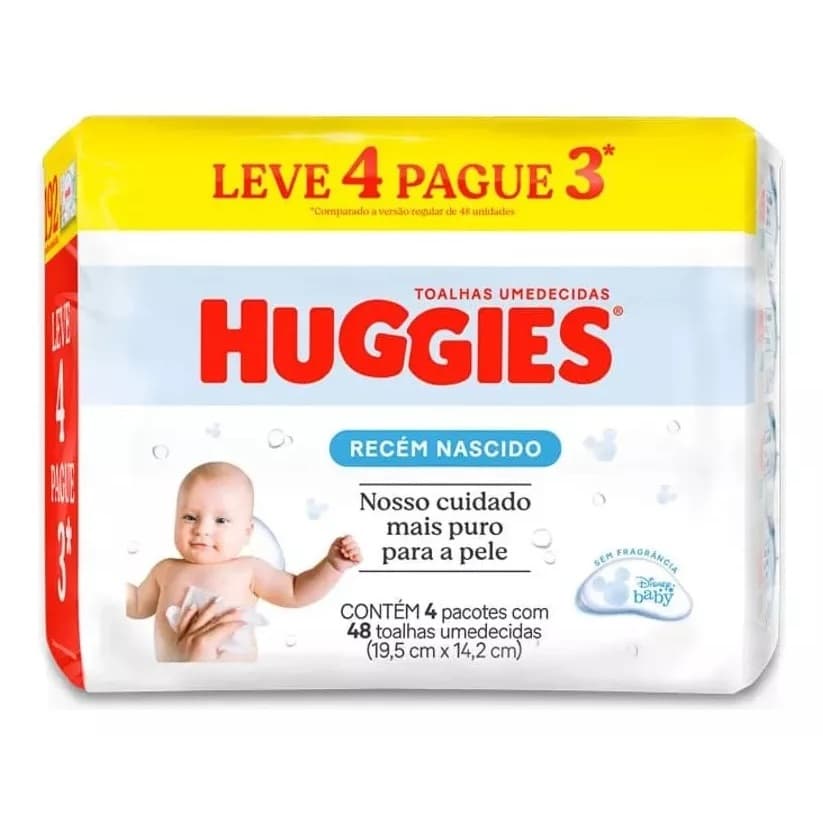 Kit 4 Pacotes C/48 Toalhas Lenço Umedecido Huggies Puro e Natural 192u