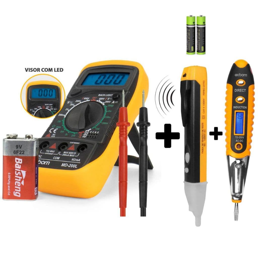Kit 3 em 1 Multímetro Profissional + Caneta Detector tensão + Chave Teste Digital Corrente Voltagem