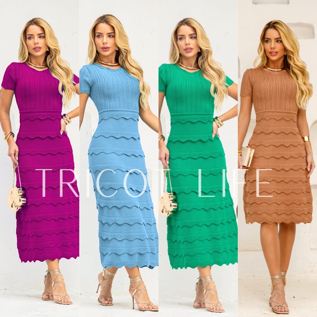 Vestido Midi Evangélico Manga Curta Tricot Elegante Luxo Vestido Evangelica Trico Reveillon Festa