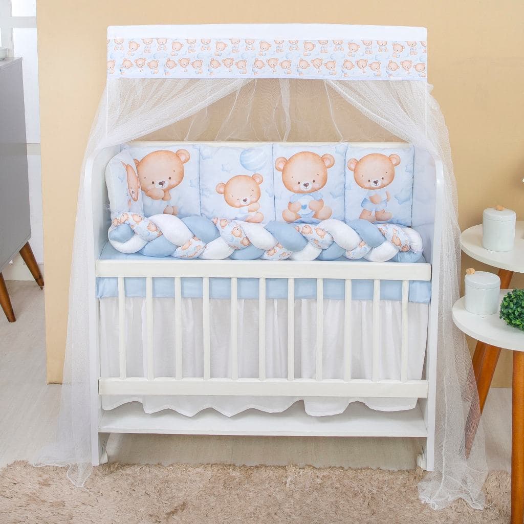 Kit Mini Berço com 12 peças + Saia de Berço Bebê Menino Ursinho