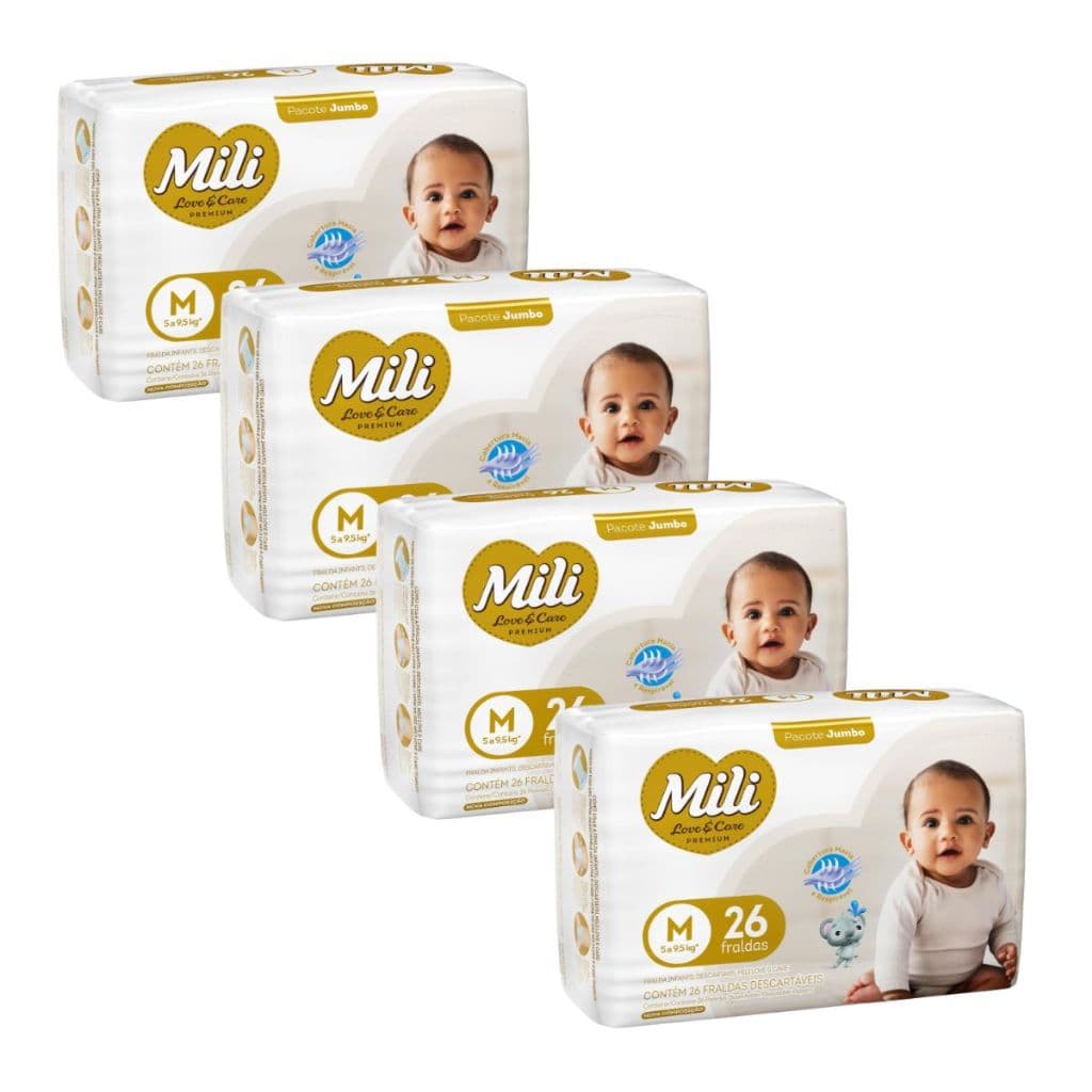 Kit Fralda Descartável Mili Love & Care Premium Tamanho M com 104 Unidades - 4 Pacotes