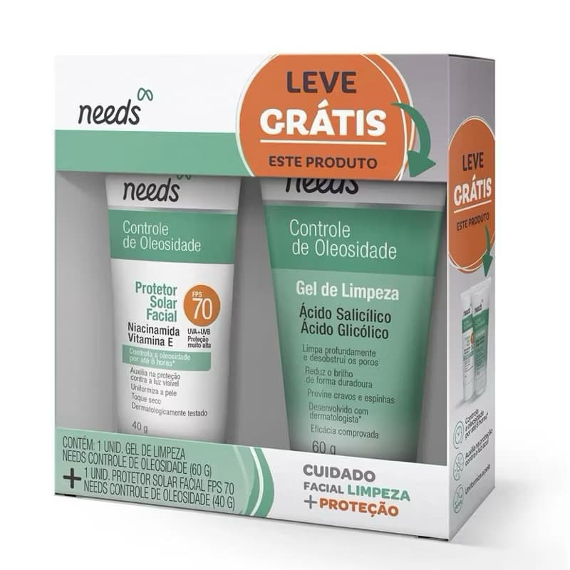 kit Needs cuidado facial limpeza protetor solar facial fps 70 40gr+ gel de limpeza controle de oleosidade
