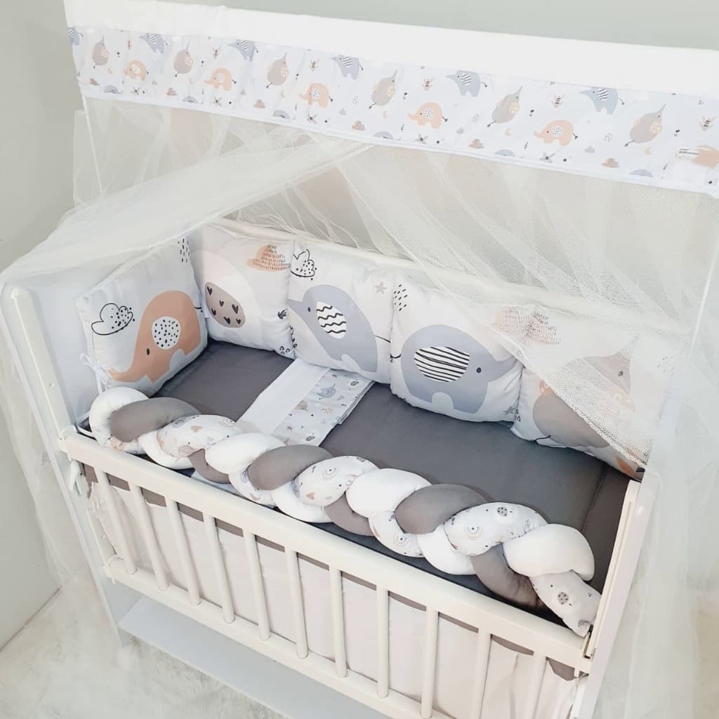 Kit Mini Berço com 12 peças + Saia de Berço Bebê Menino Elefante Cinza