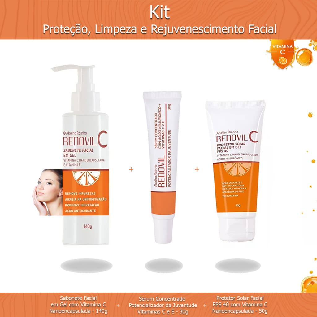 Kit Facial Abelha Rainha Sabonete em Gel Vitamina C+Sérum Concentrado + Protetor Solar em Gel FPS 40