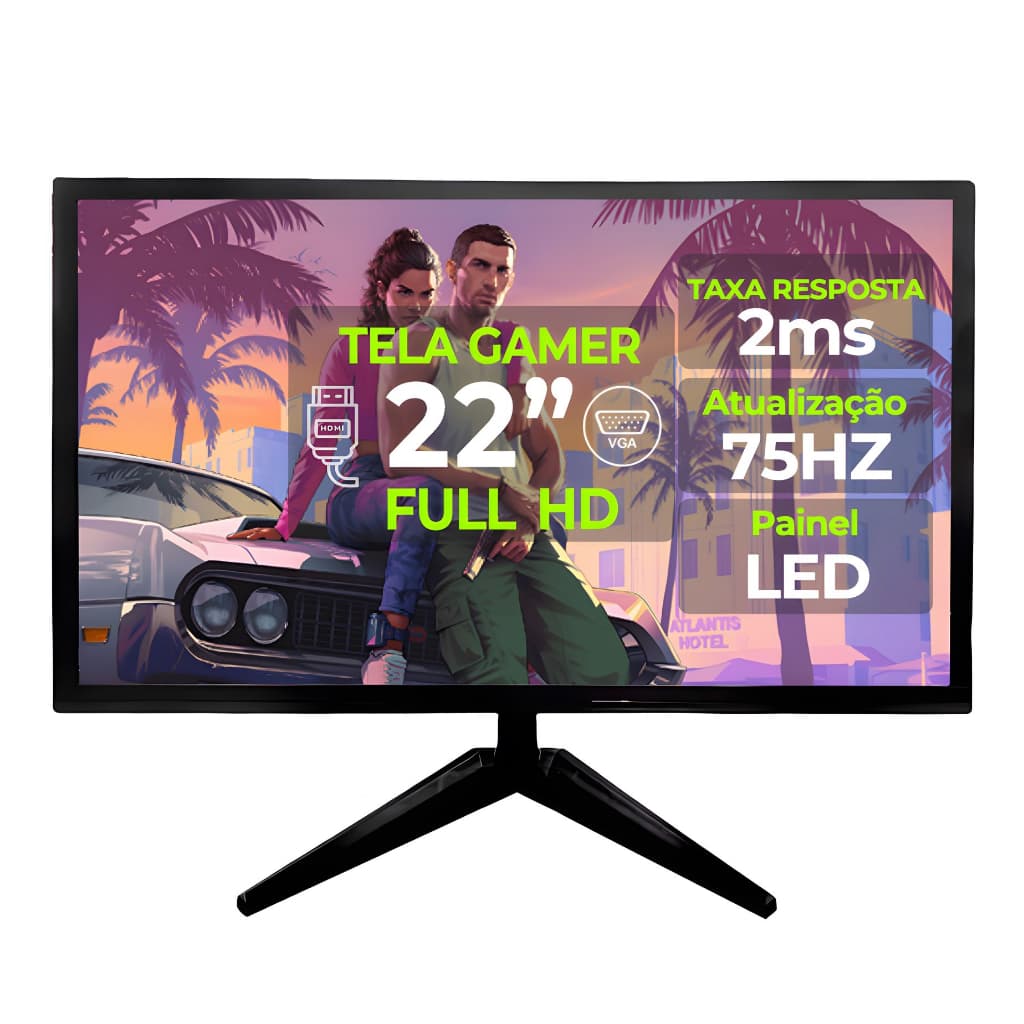 Monitor Gamer 22" Full HD 75hz Para Jogos Ultra 2ms HDMI e VGA Tela Premium