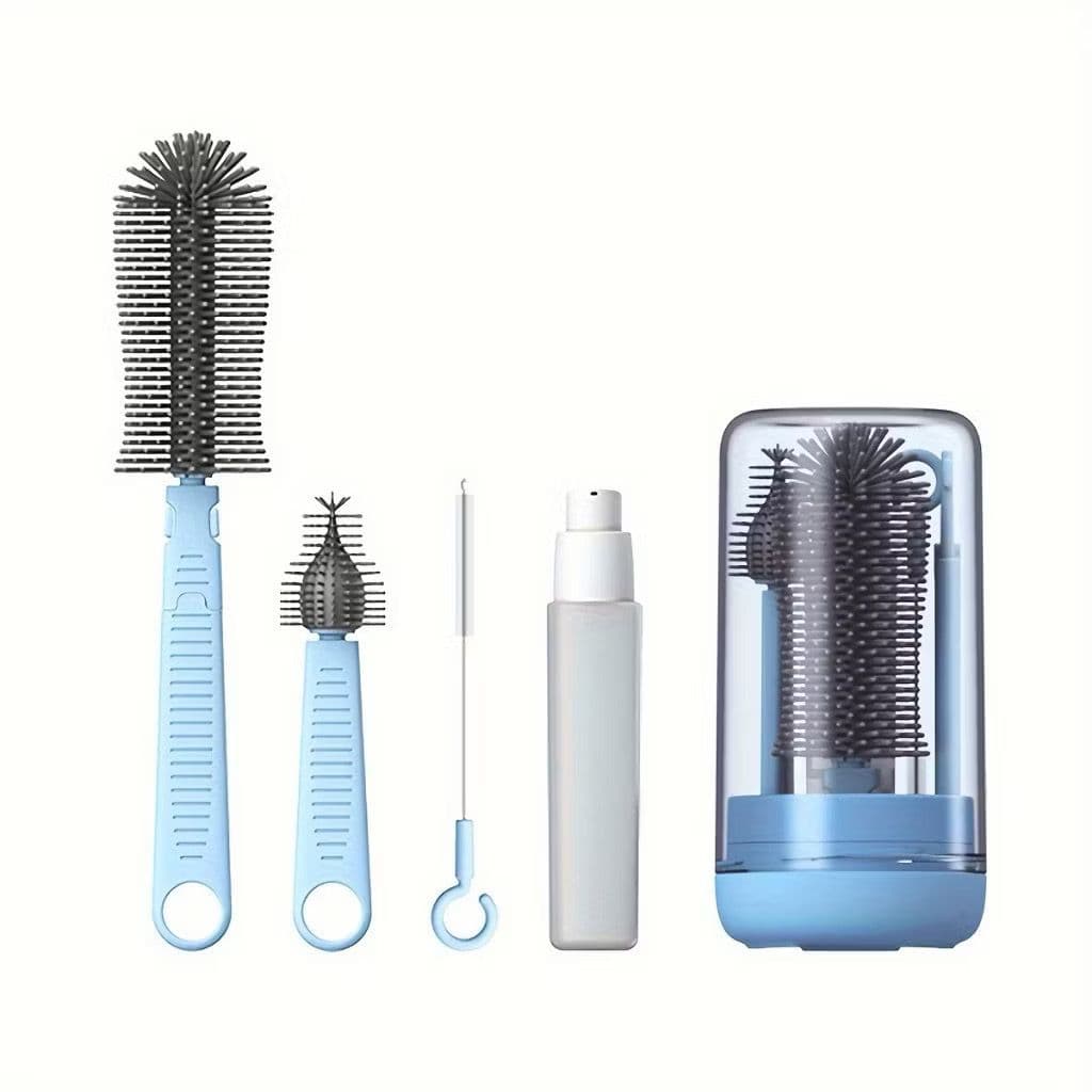 Kit Escova Higiene Lavar 4 em 1 para Copo, Garrafa, Mamadeira Portátil Viagem de Silicone e Suporte