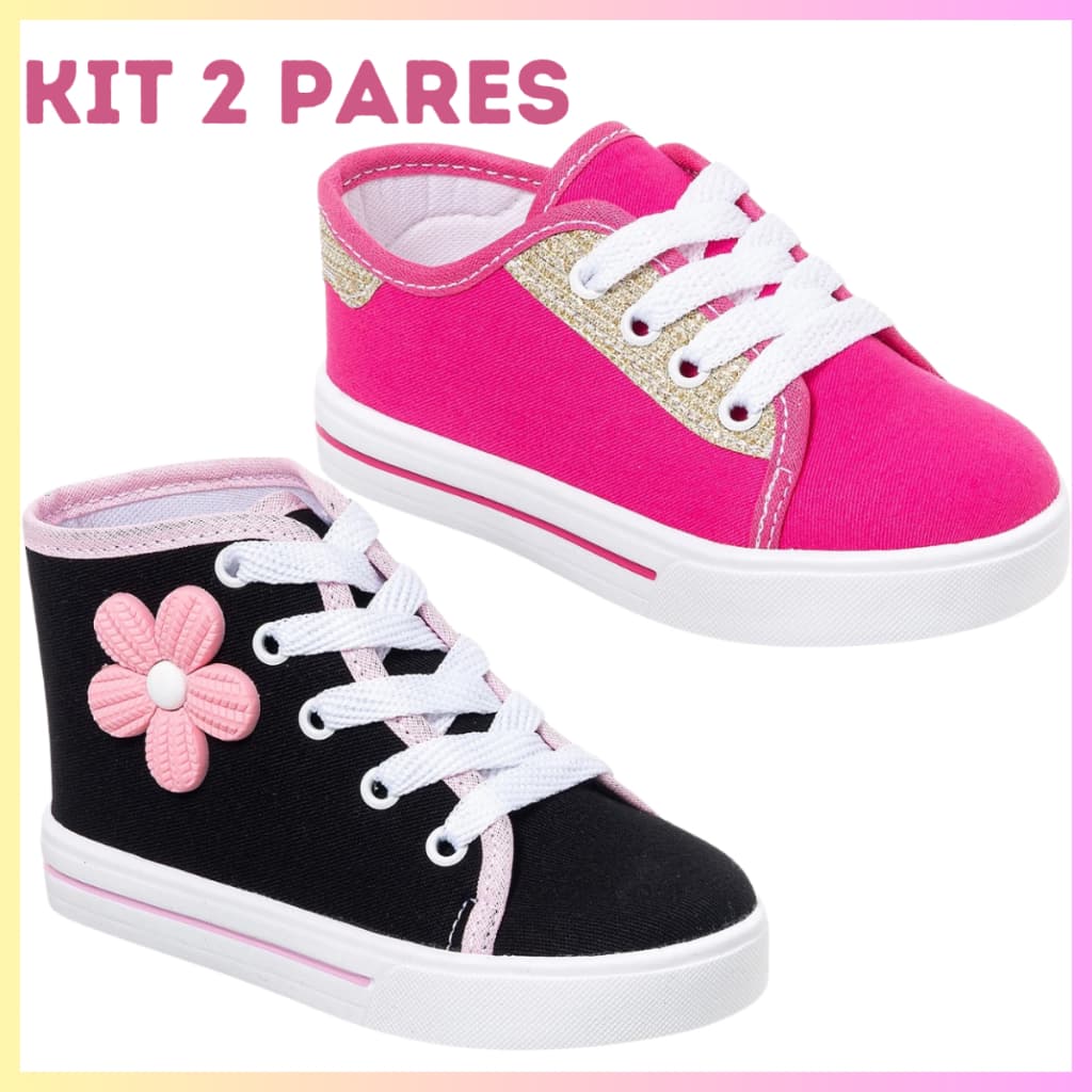 Kit 2 Pares Tênis Infantil Menina Star Casual Escolar Criança Leve Confortável 20 ao 30