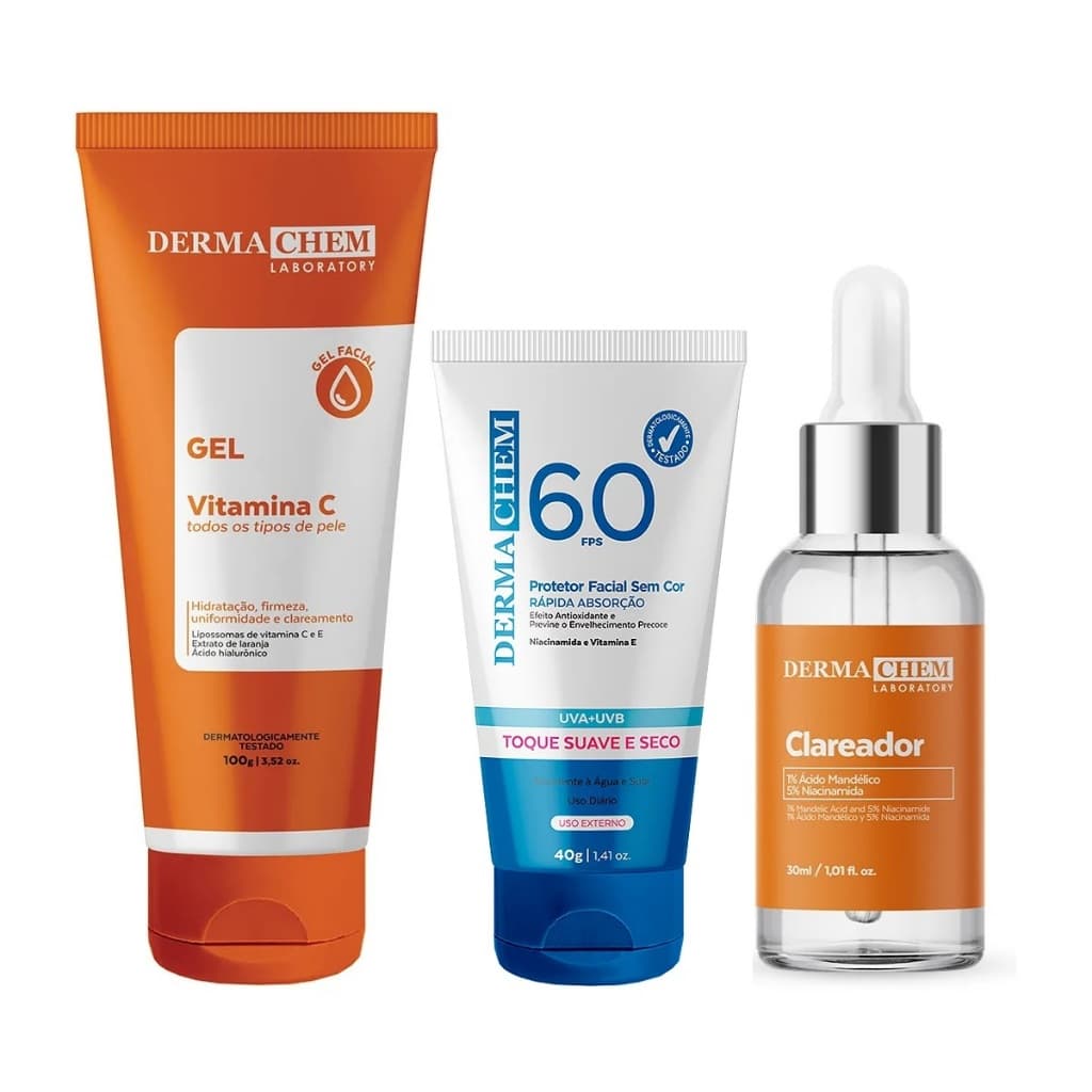Dermachem Kit Serum Clareador Protetor Facial Gel Anti-Idade Vitamina C Hidrata Clareamento Firmeza