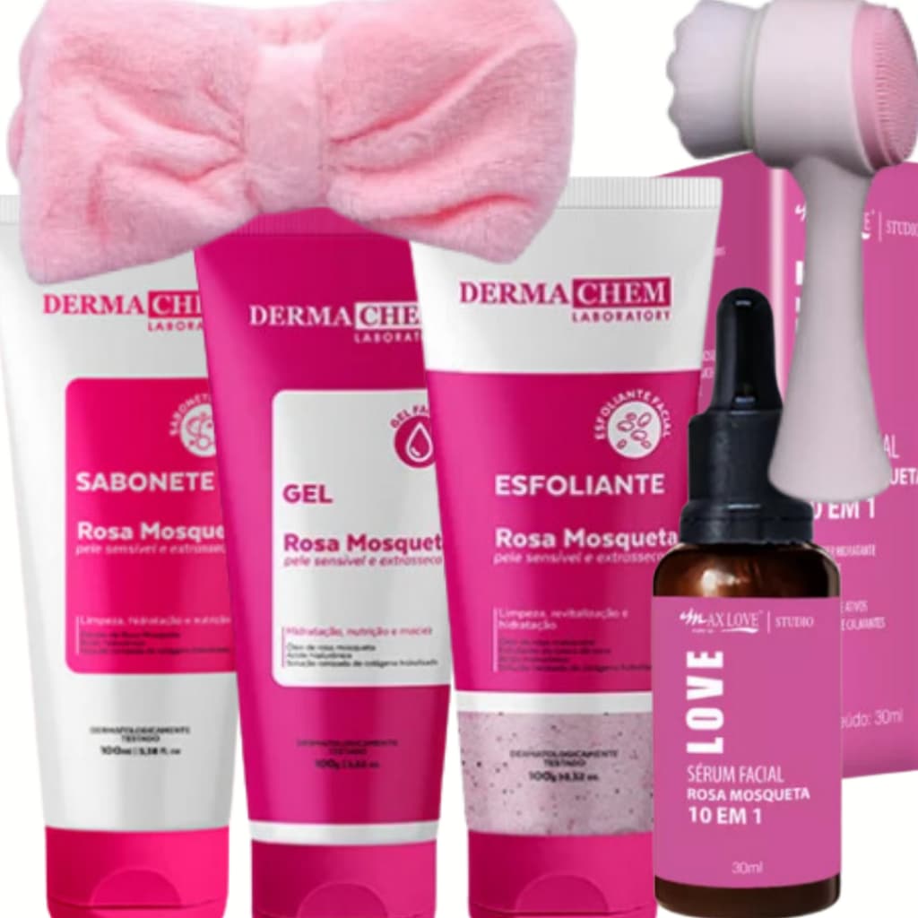 KIT SKINCARE ROSA MOSQUETA DERMACHEM ANTI-IDADE, CLAREADOR, LIMPEZA PELE, CUIDADO, ANTI-RUGAS E ANTIOXIDANTE