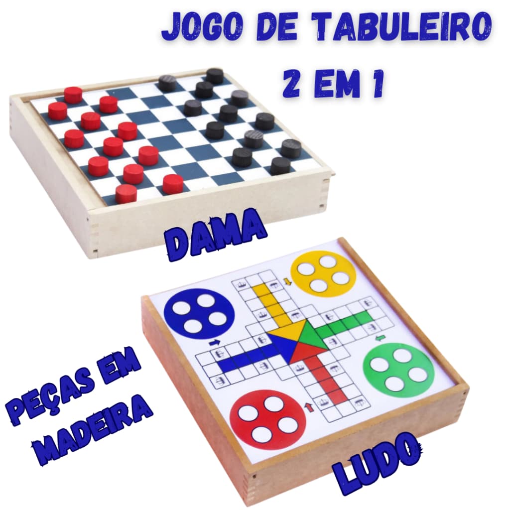 Jogo de Tabuleiro Clássico 2 em 1 Dama e Ludo em Madeira (MDF) Diversão para Toda a Família