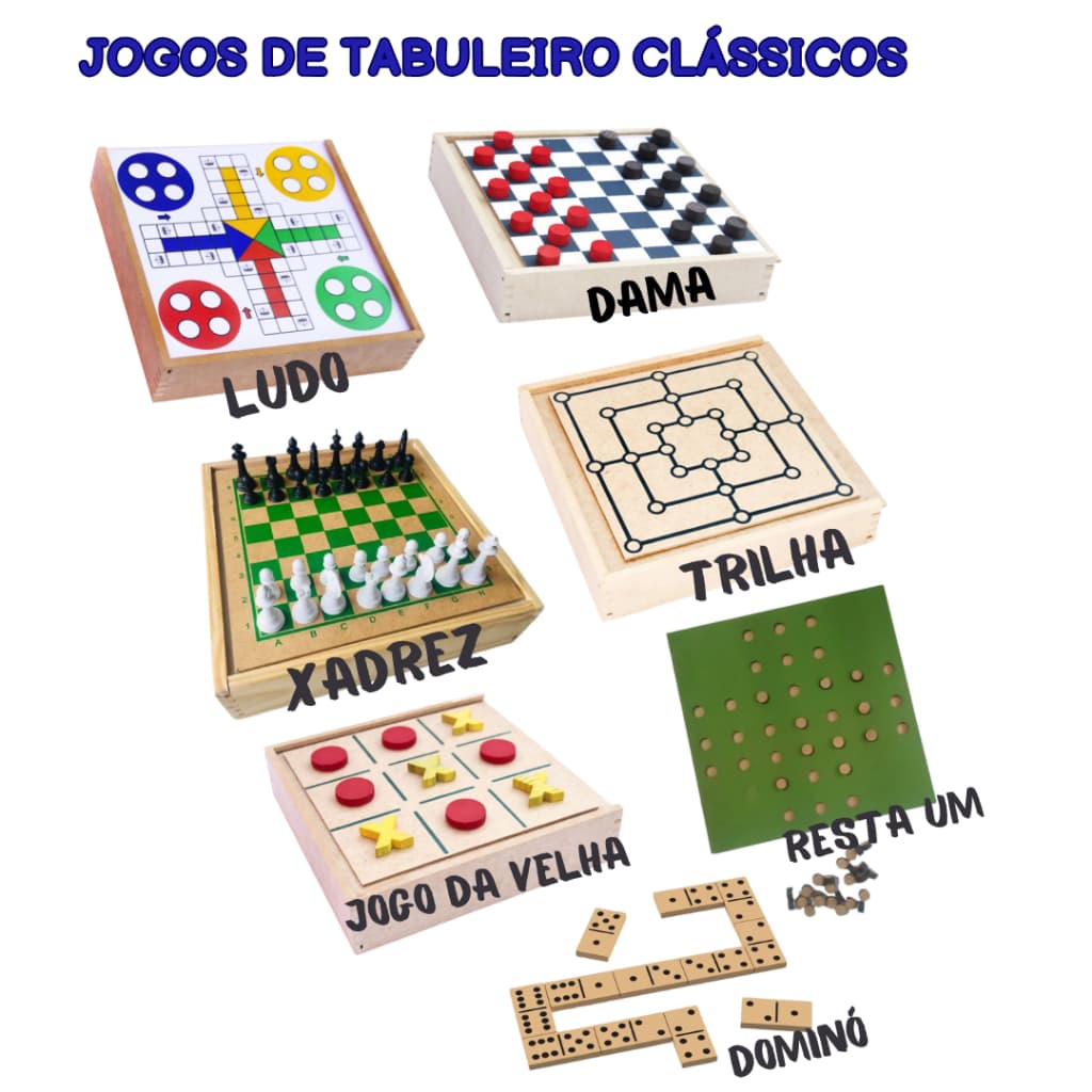 Jogos Clássicos de Tabuleiro em Madeira MDF - Diversão Garantida para Toda a Família Dama, Ludo, Trilha, Jogo da Velha..
