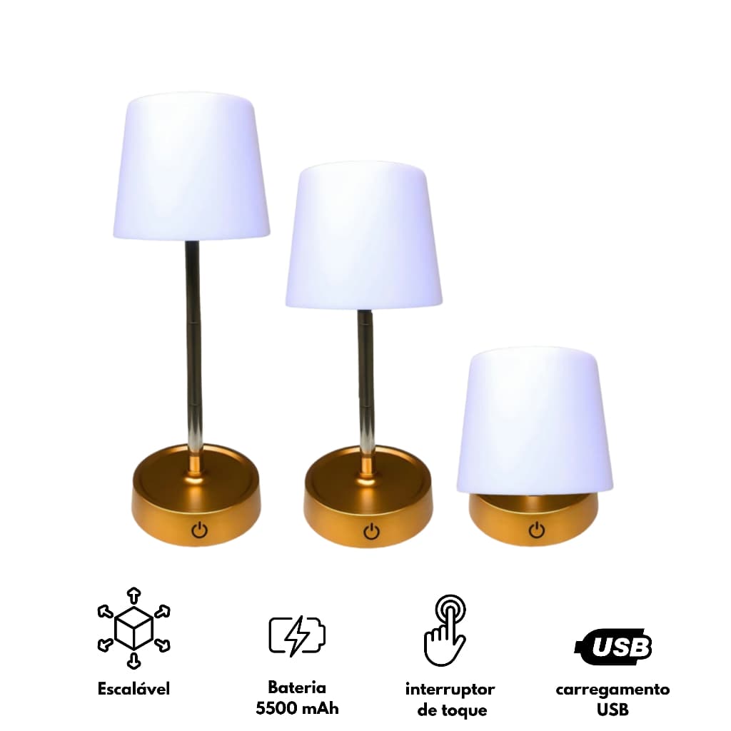 Abajur Recarregável Telescópico Touch Luminária Retrátil Em Aço Luz Led Branco Quente Ajustável USB