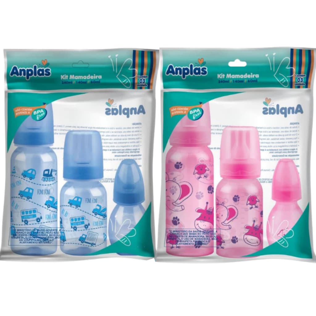 Kit 3 Mamadeira Decoradas Bebê Bico Reto Macio Flexível - Anplas - Estampas Variadas