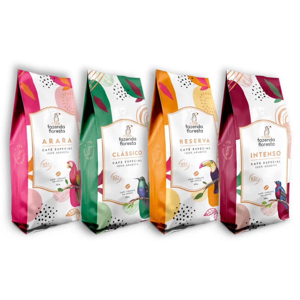 Kit em grãos Café Fazenda Floresta (Clássico/ Intenso/ reserva/ Arara) 4 pacotes de 250g