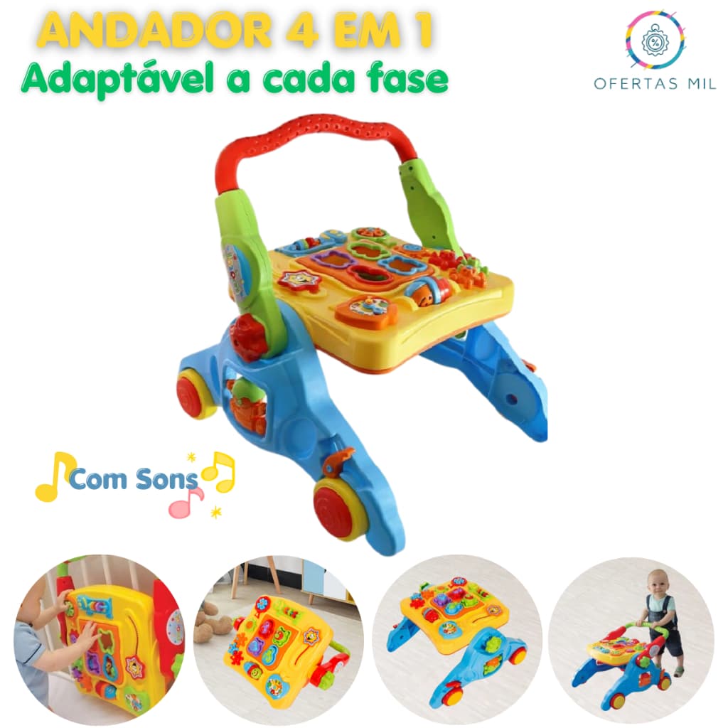 Andador para Bebe Mesinha Didática Infantil 4 Funções Em 1 Brinquedo Com Som Interativo Estimulante