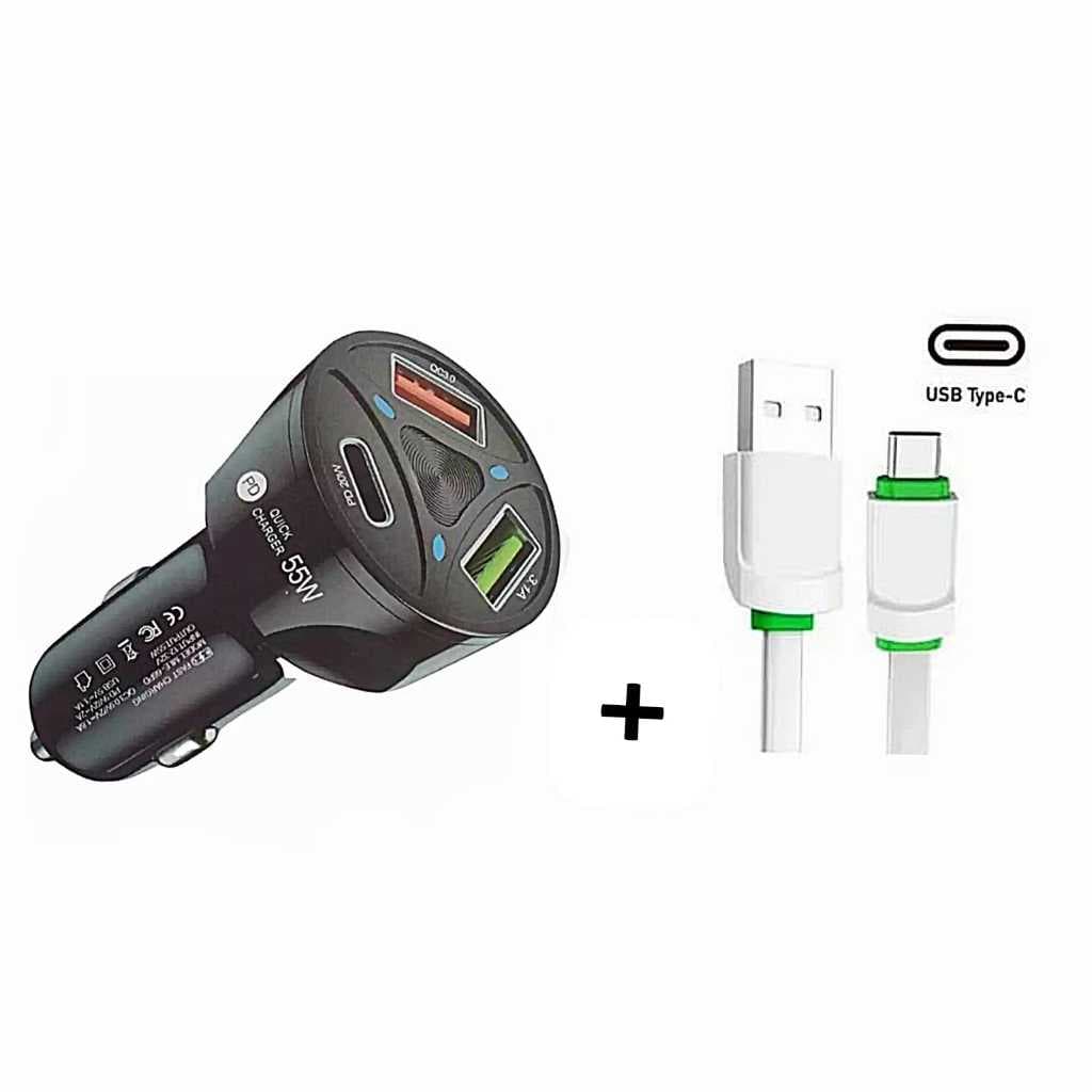 Carregador Veicular Potente 55W 3 Entradas USB Carregador de Carro Rápido Universal