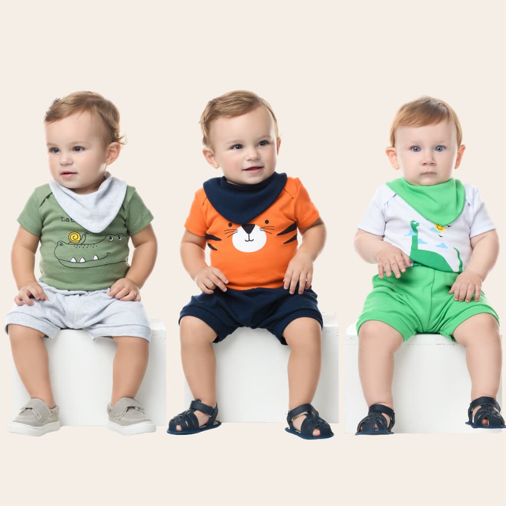 Kit Body Bebê Menino Bordado 3 Peças Verão Conjunto babador  Masculino 100% Algodão Suedine Enxoval  P ao GG Mesversário