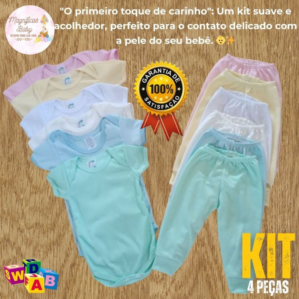 Kit 4 Peças Body Manga Curta e Mijão 2 Conjuntos Roupa de Bebê Kit Enxoval Recém Nascido Barato