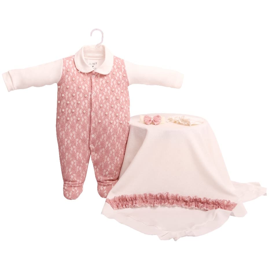 Saida de Maternidade Bebe Menina com detalhe em Perola 4 peças Roupa de Bebe