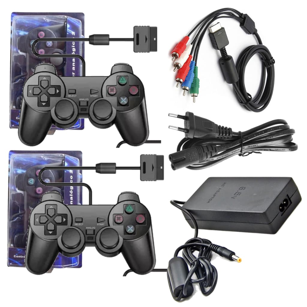 Kit de Acessórios Para Console Ps2 2 Controles + Cabo Força + Cabo Video Componente Playstation2